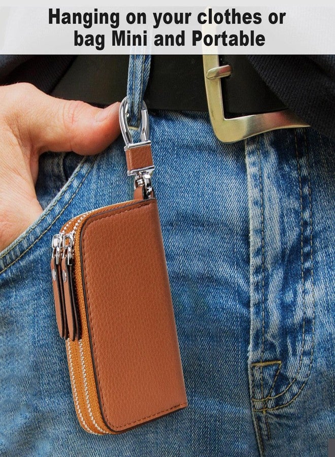 UVKDEENK 2 Pack Double Zipper Car Key Case, Retro Leather Car Key Fob Holder, Women Key Organizer with Metal Hook Keyring, Mens Vintage Key Coin Bag Black Brown - Image 3
